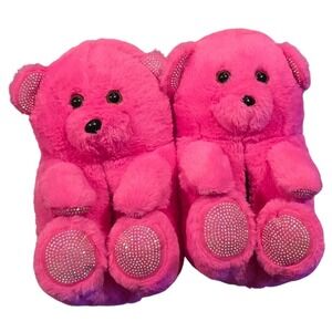 NWOT Pink & Bling Plush Teddy Slippers Valentine's Day Gift for Her Size L 9/10